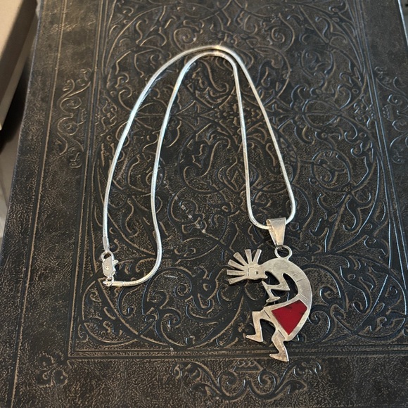 Artisan Mexican Silver Kokopelli Necklace with Red Accent - Picture 2 of 4